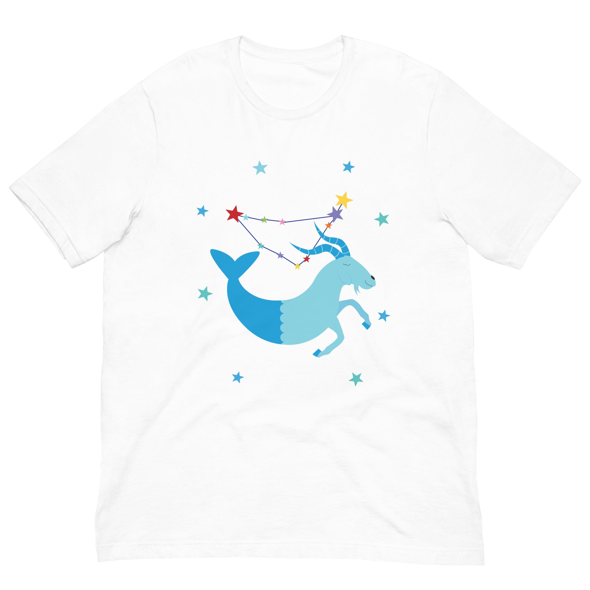 White t-shirt with a blue Capricorn sea goat and star constellation design on a white background