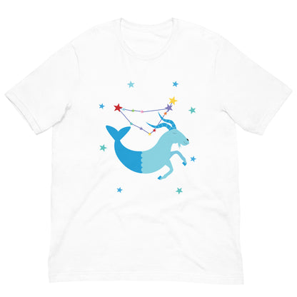 White t-shirt with a blue Capricorn sea goat and star constellation design on a white background