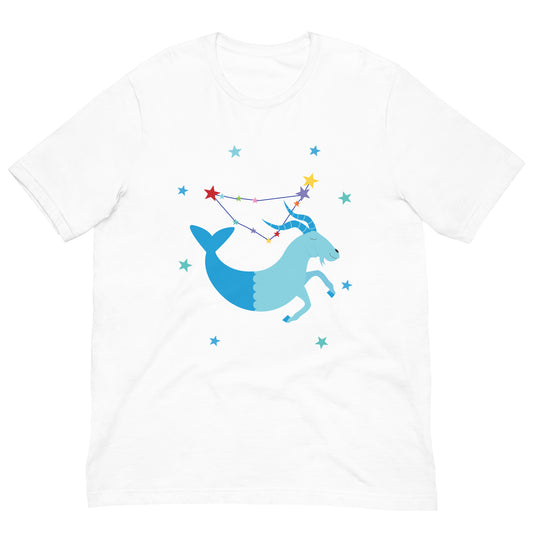 White t-shirt with a blue Capricorn sea goat and star constellation design on a white background