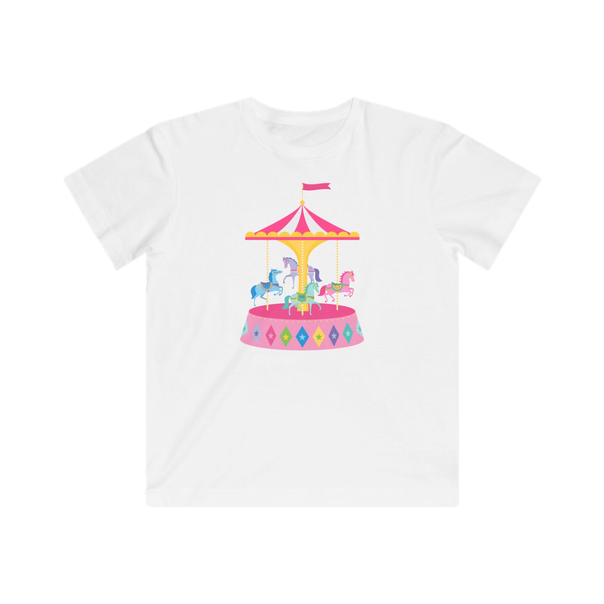 White t-shirt with a colorful carousel design on a white background
