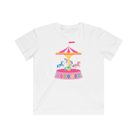 White t-shirt with a colorful carousel design on a white background