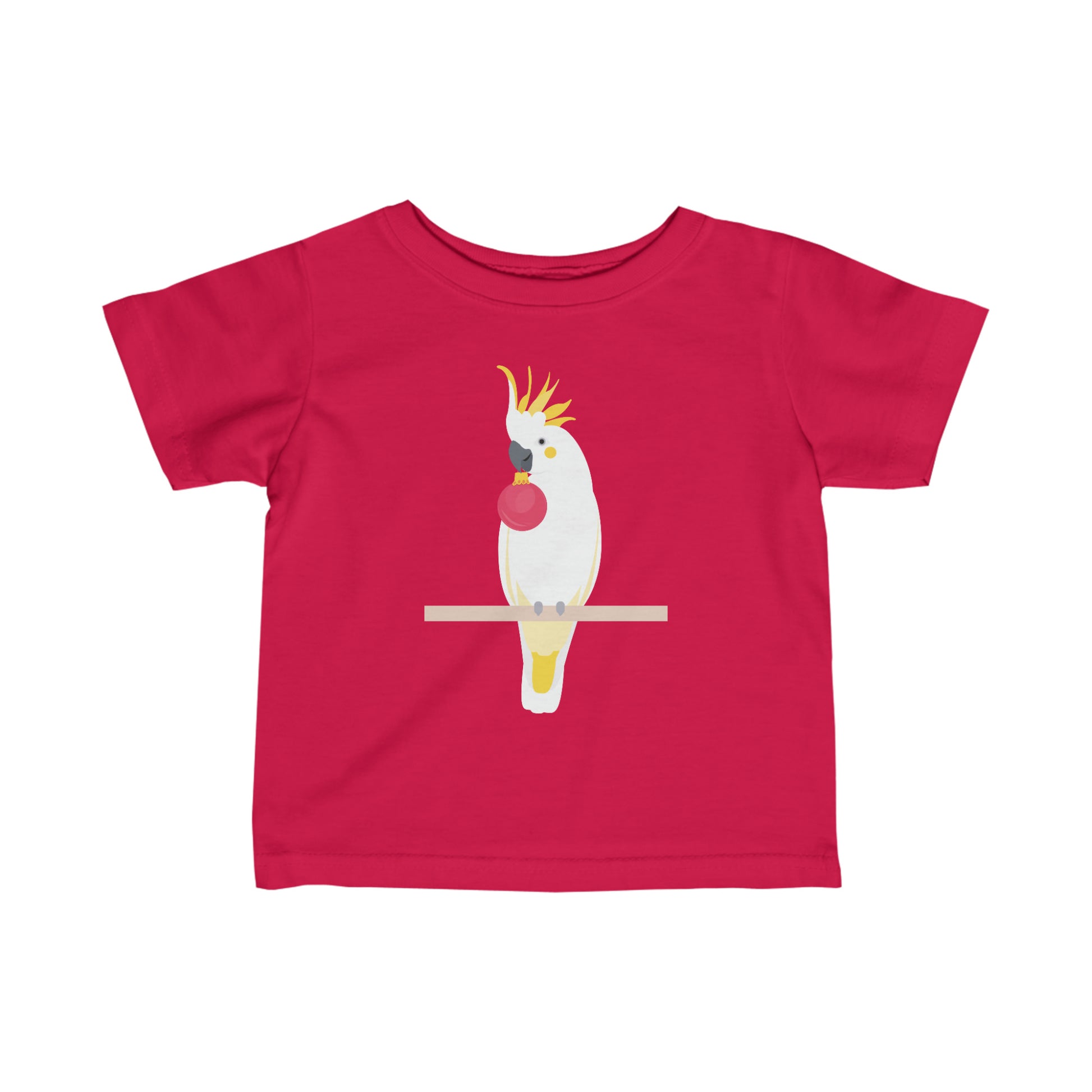 red kids t-shirt with a cockatoo perched holding a Christmas bauble