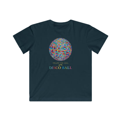 navy blue kids tshirt Featuring a vibrant, multicolored disco ball graphic and the words Follow the call of the disco ball.