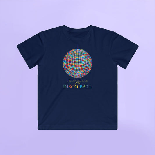 Navy blue t-shirt with a colorful disco ball graphic and text