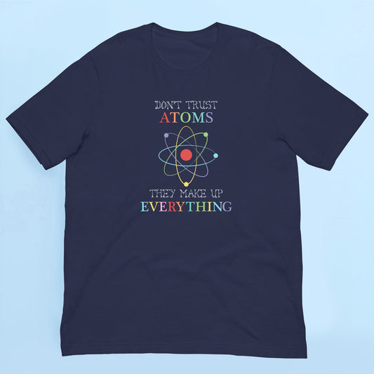 Navy blue t-shirt with atomic funny design and text