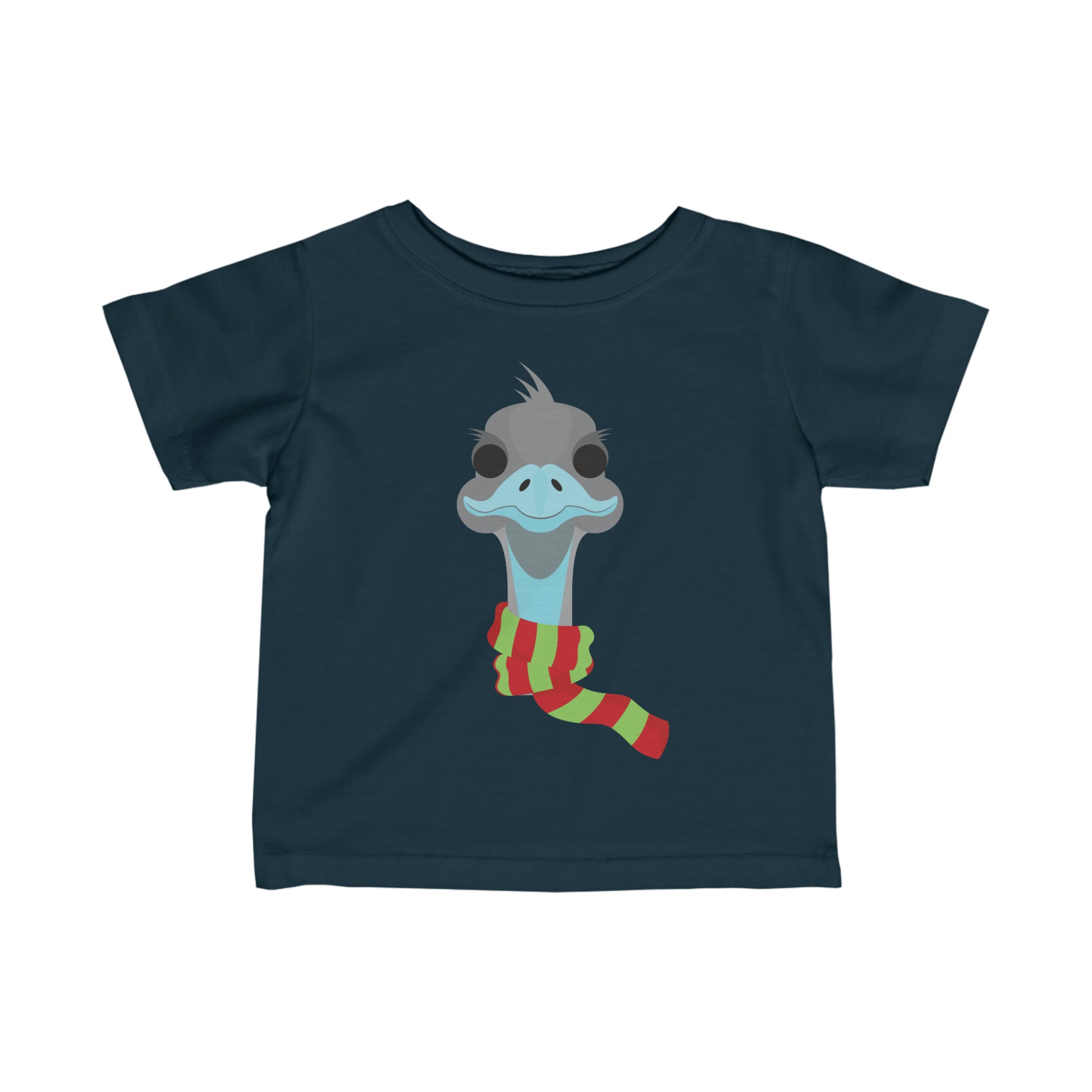 dark navy blue emu Christmas t-shirt for kids. Featuring an emu adorned in a vibrant red and green Christmas scarf