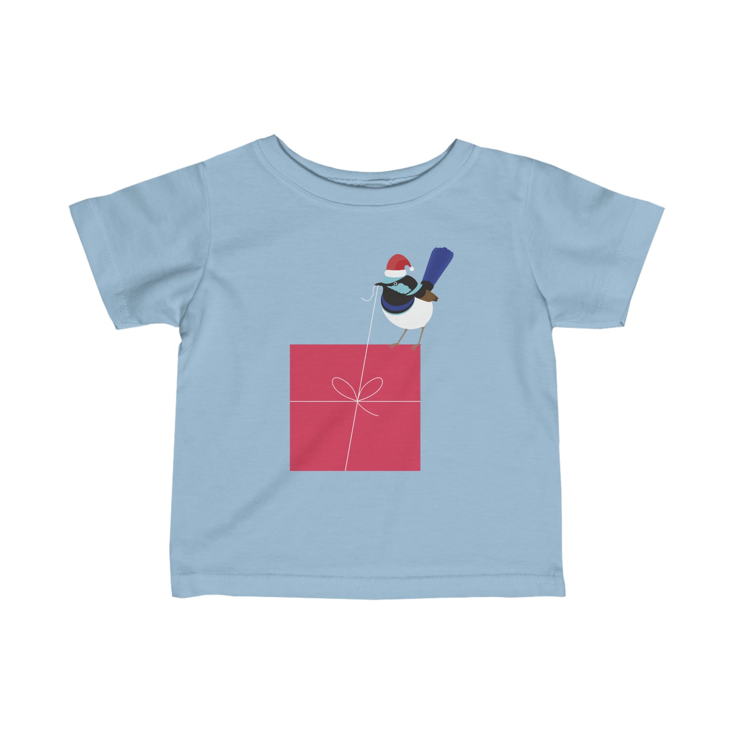 light blue baby t-shirt features a cheeky fairy wren opening a red gift.