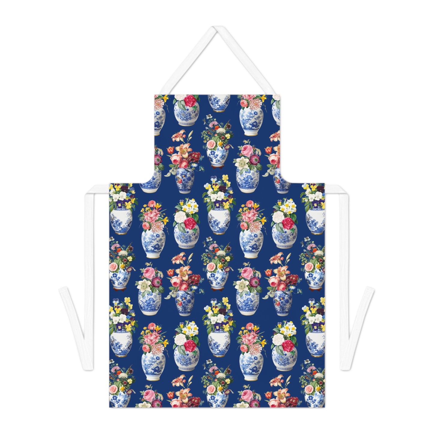 Apron with floral and vase pattern on a blue background