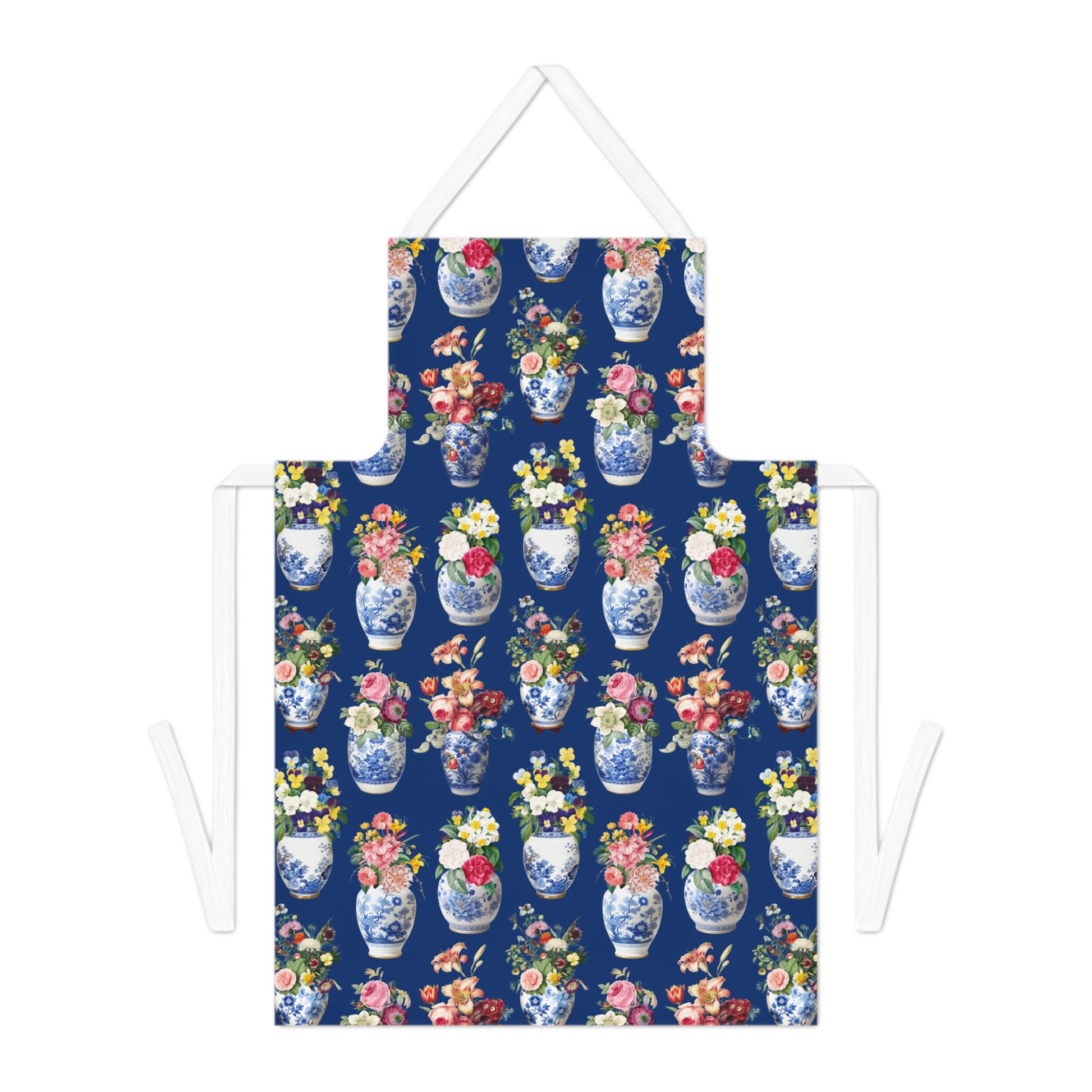 Apron with floral and vase pattern on a blue background