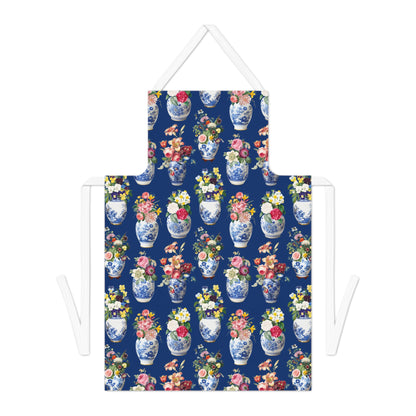 Apron with floral and vase pattern on a blue background
