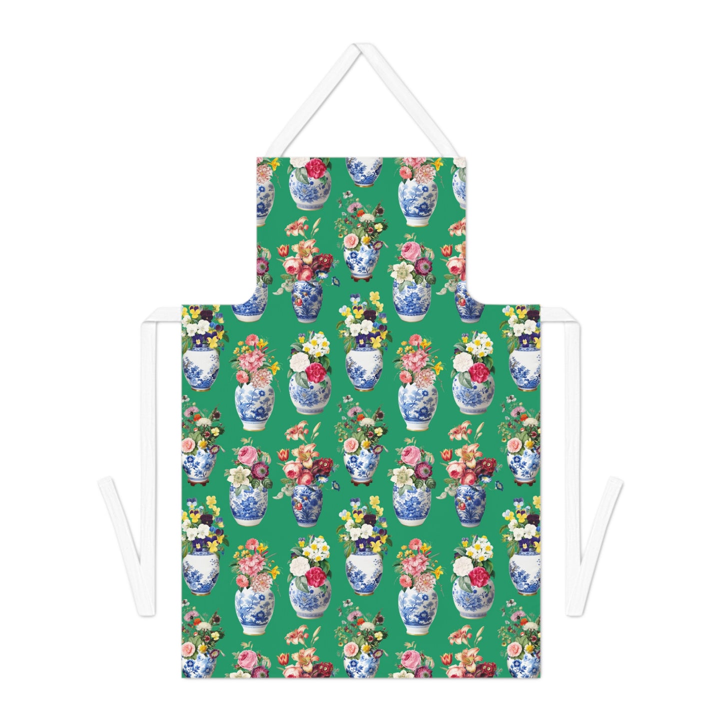 Green apron with floral and vase pattern on a white background