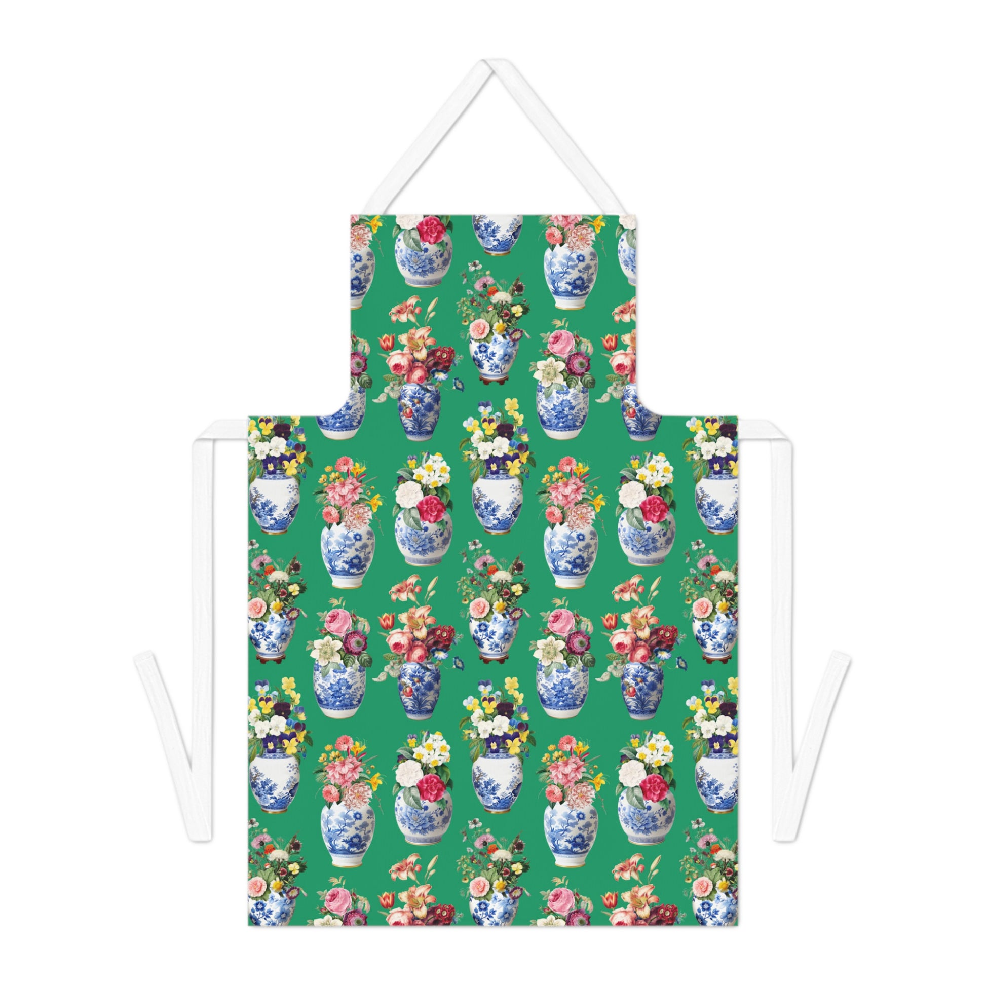 Green apron with floral and vase pattern on a white background