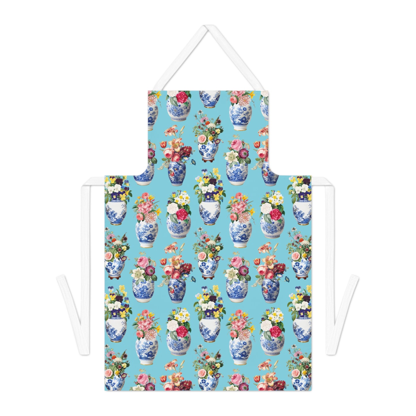 Apron with floral and vase pattern on a blue background