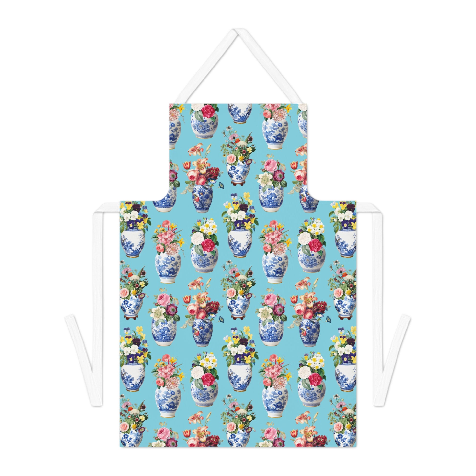 Apron with floral and vase pattern on a blue background