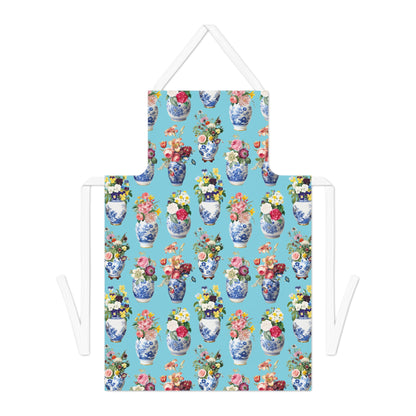 Apron with floral and vase pattern on a blue background