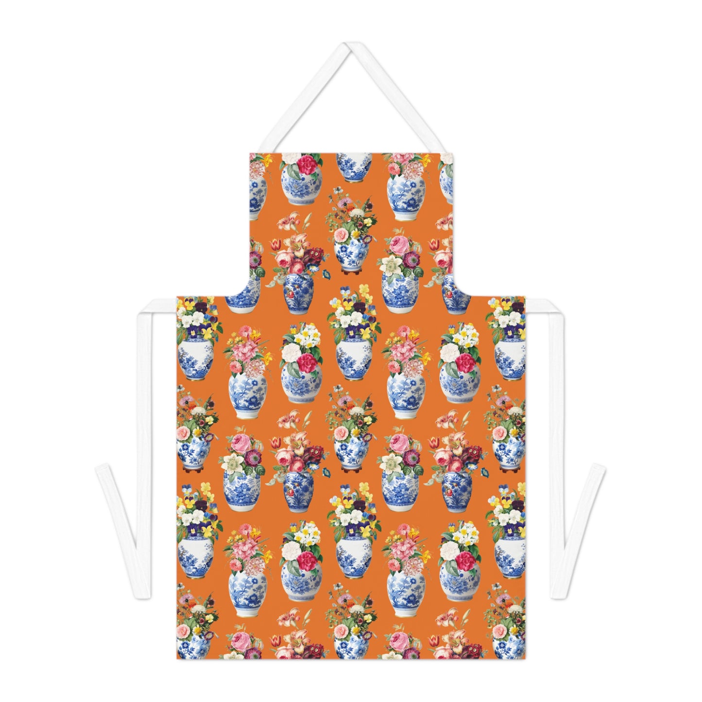 Apron with floral and vase pattern on an orange background
