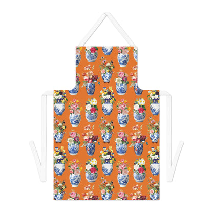 Apron with floral and vase pattern on an orange background