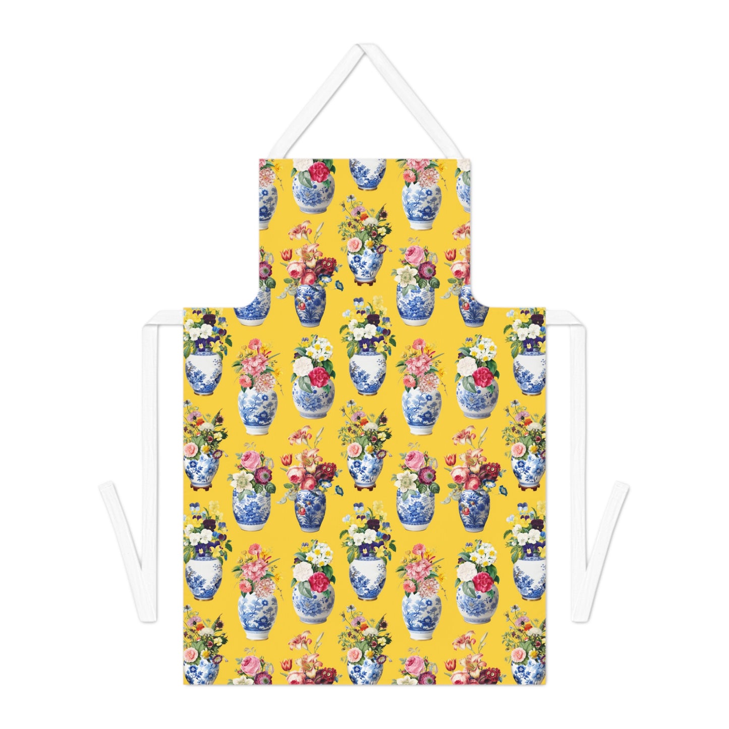 Yellow apron with floral and vase pattern on a white background