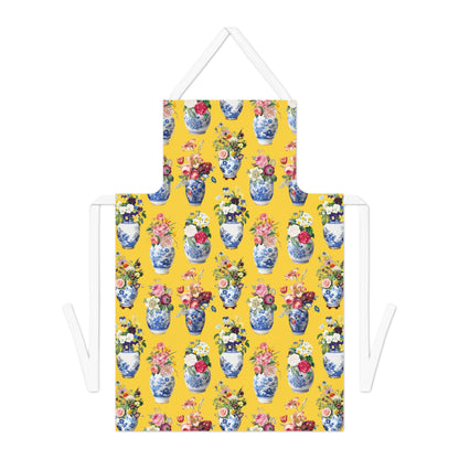 Yellow apron with floral and vase pattern on a white background