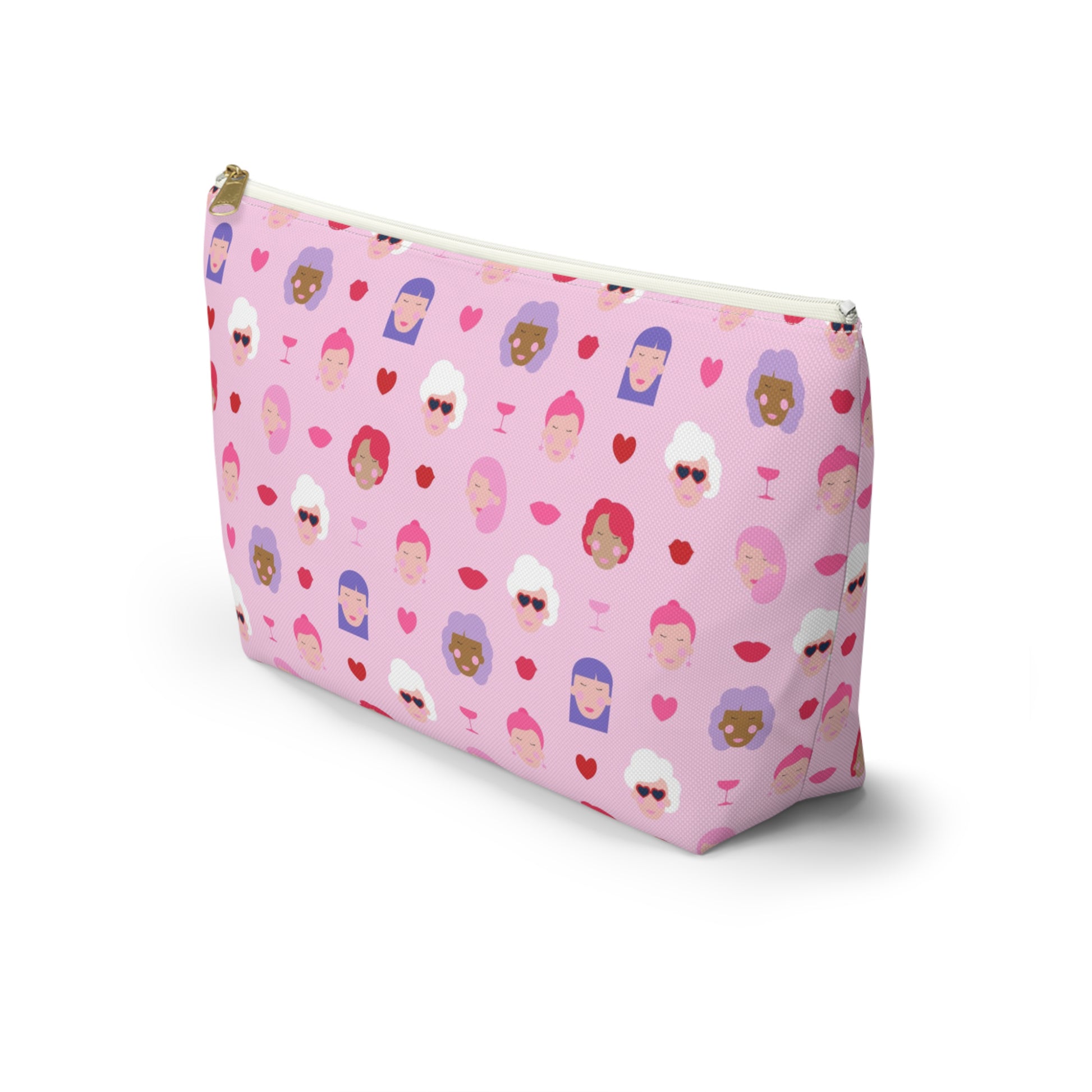 Pink pouch with illustrated women pattern 