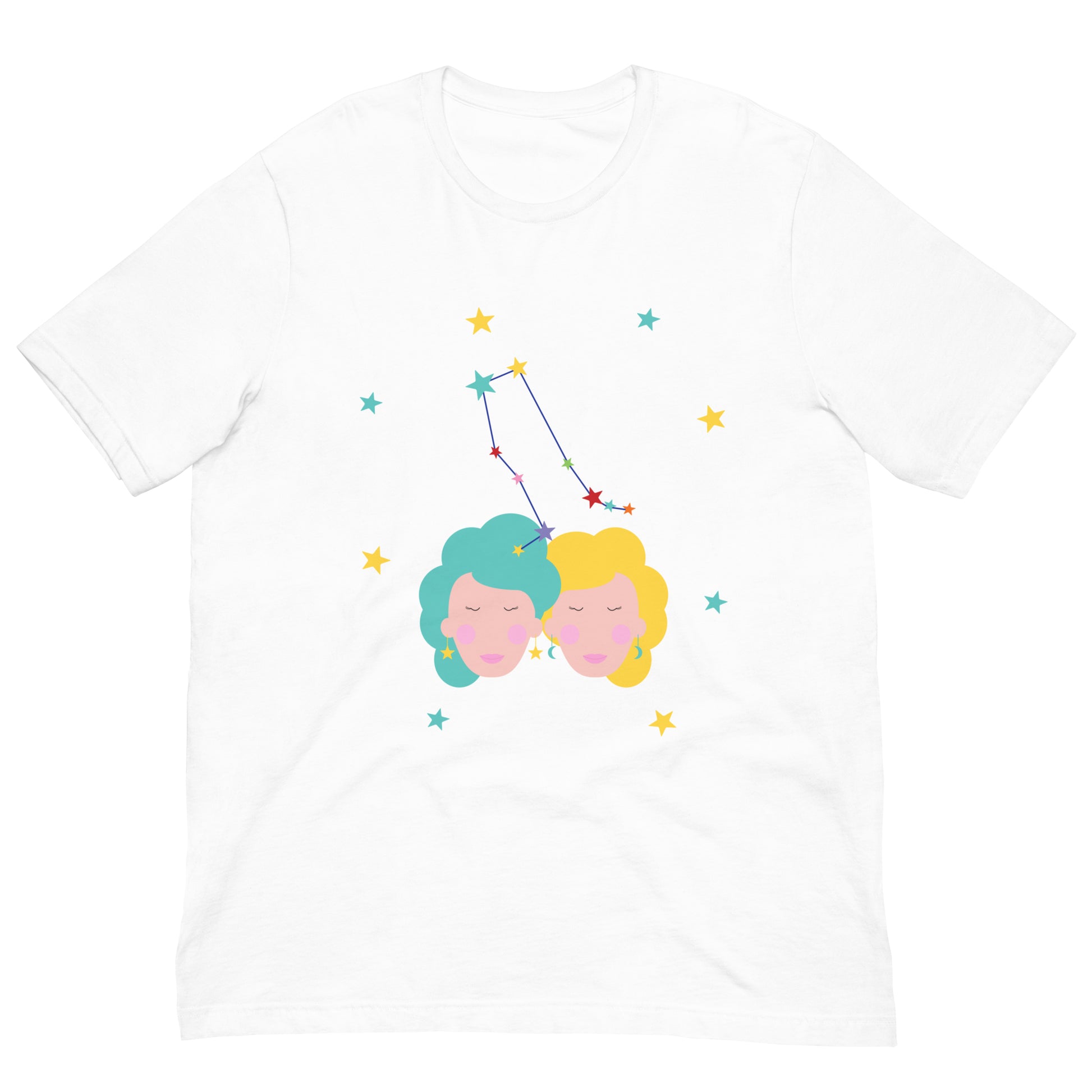 White t-shirt with a graphic of two faces and gemini constellation on a white background