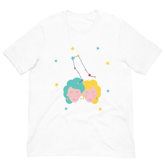 White t-shirt with a graphic of two faces and gemini constellation on a white background
