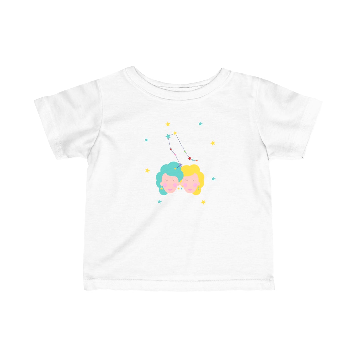 White t-shirt with colorful gemini graphic design on a white background
