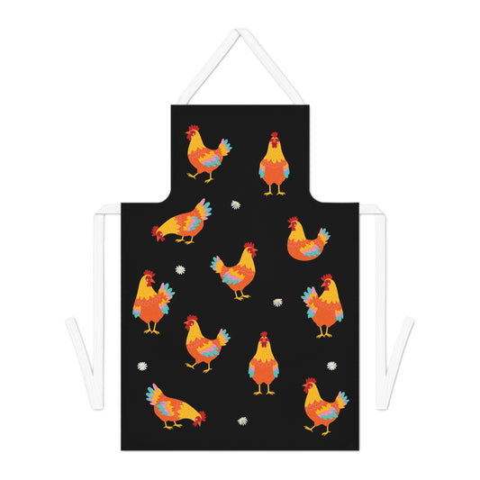 Black apron with colorful chicken pattern on a white background
