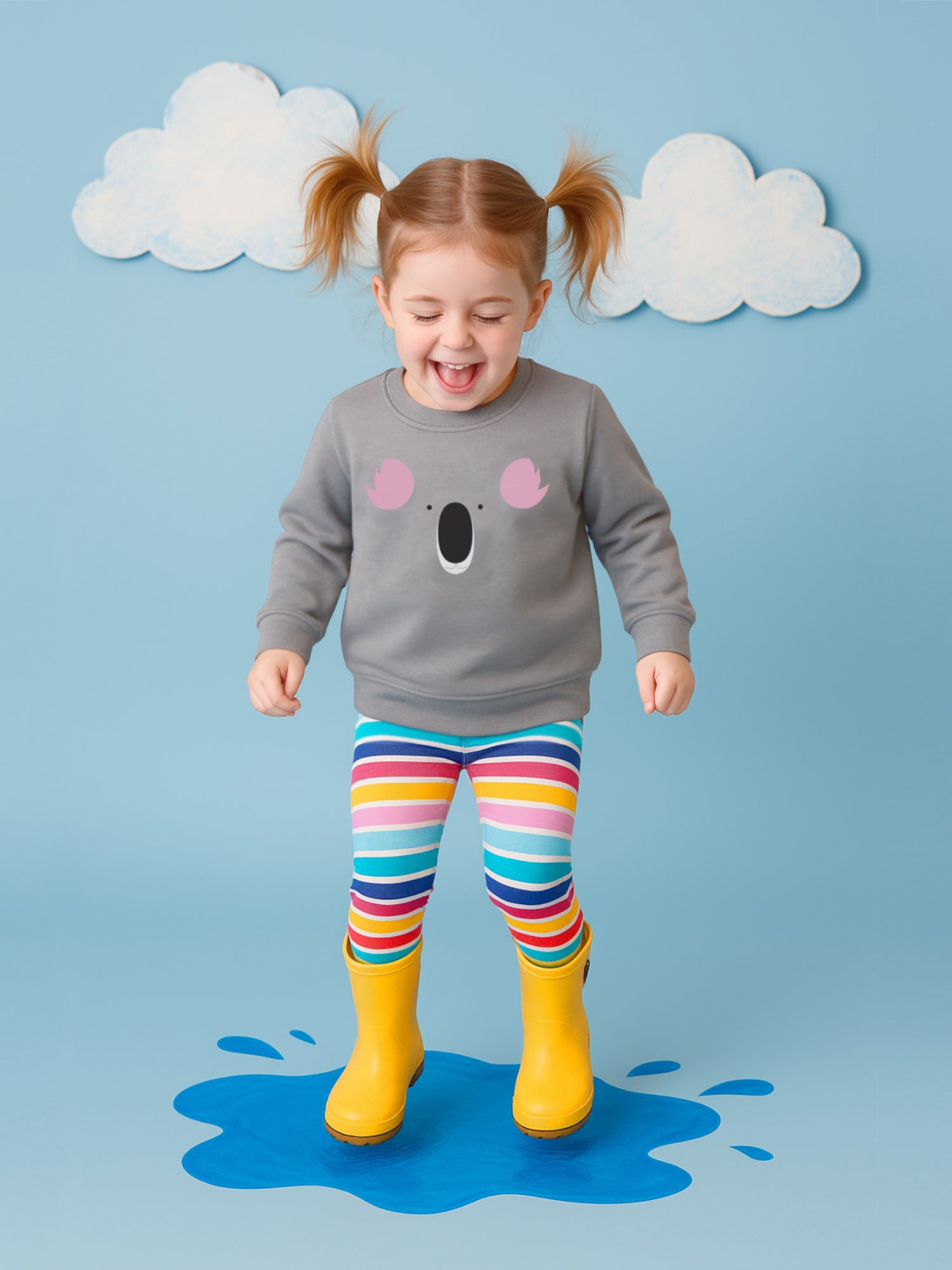 Child wearing a gray sweater with a koala design, colorful striped leggings, and yellow rain boots on a blue background with white clouds.