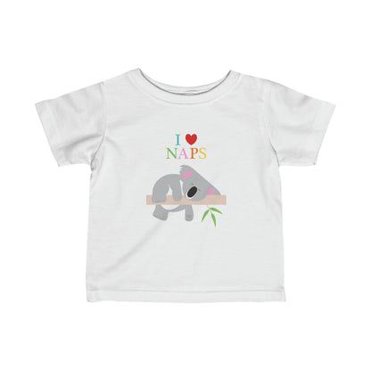 cute white kids t-shirt with sleeping koala design and I love naps
