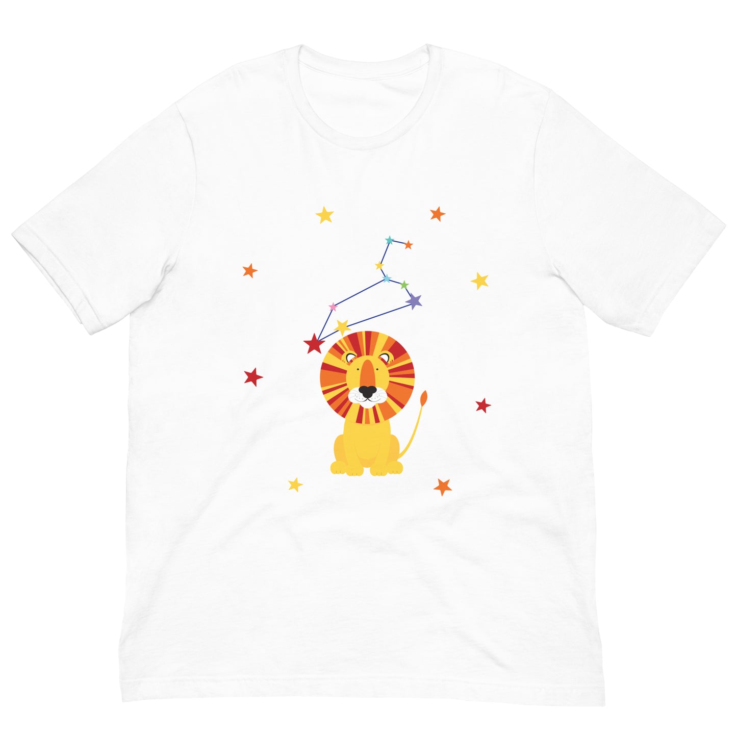 White t-shirt with a colorful leo lion and star constellation design on a white background
