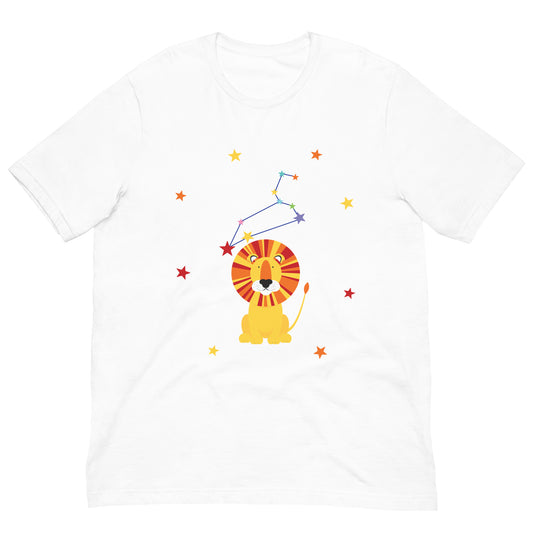 White t-shirt with a colorful leo lion and star constellation design on a white background