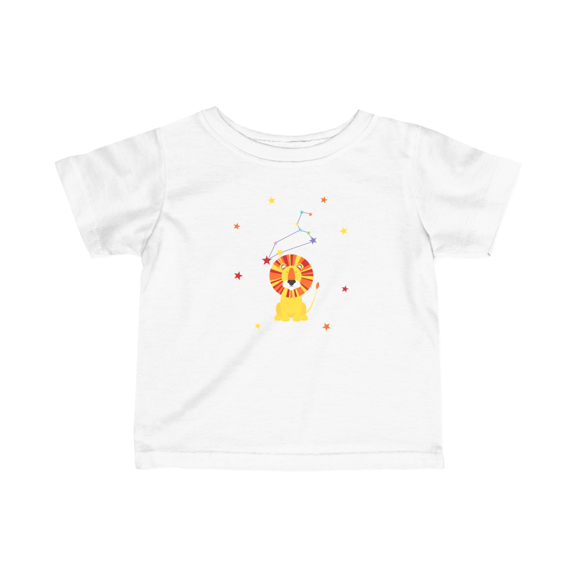 White t-shirt with a colorful leo lion design on a white background