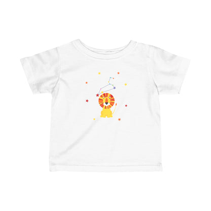 White t-shirt with a colorful leo lion design on a white background