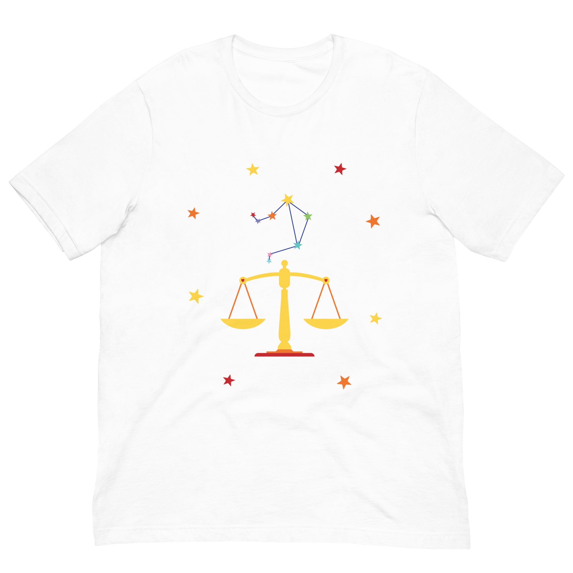 White t-shirt with a colorful Libra zodiac sign design on a white background