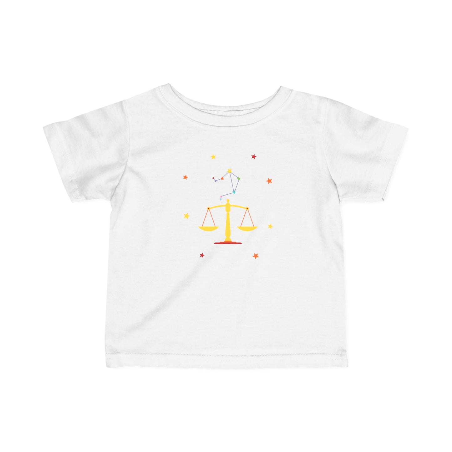White t-shirt with a colorful Libra zodiac symbol design on a white background