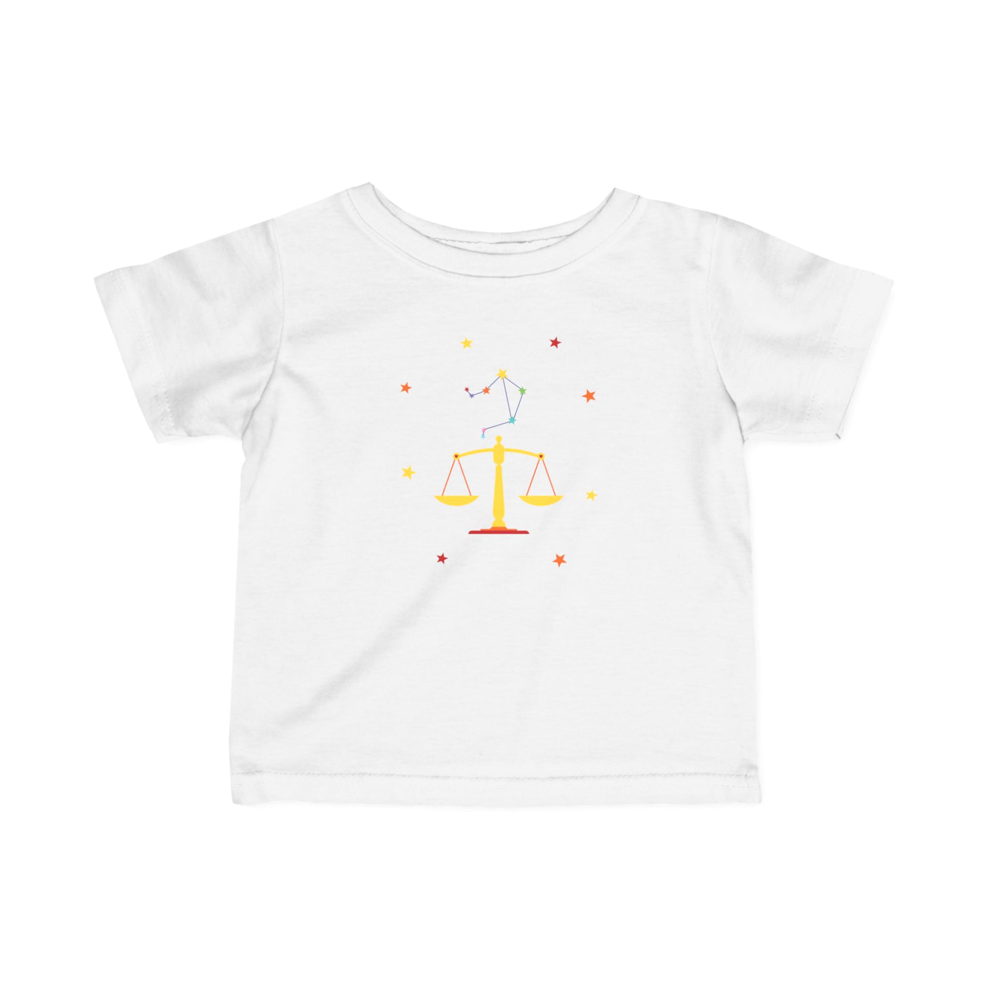 White t-shirt with a colorful Libra zodiac symbol design on a white background