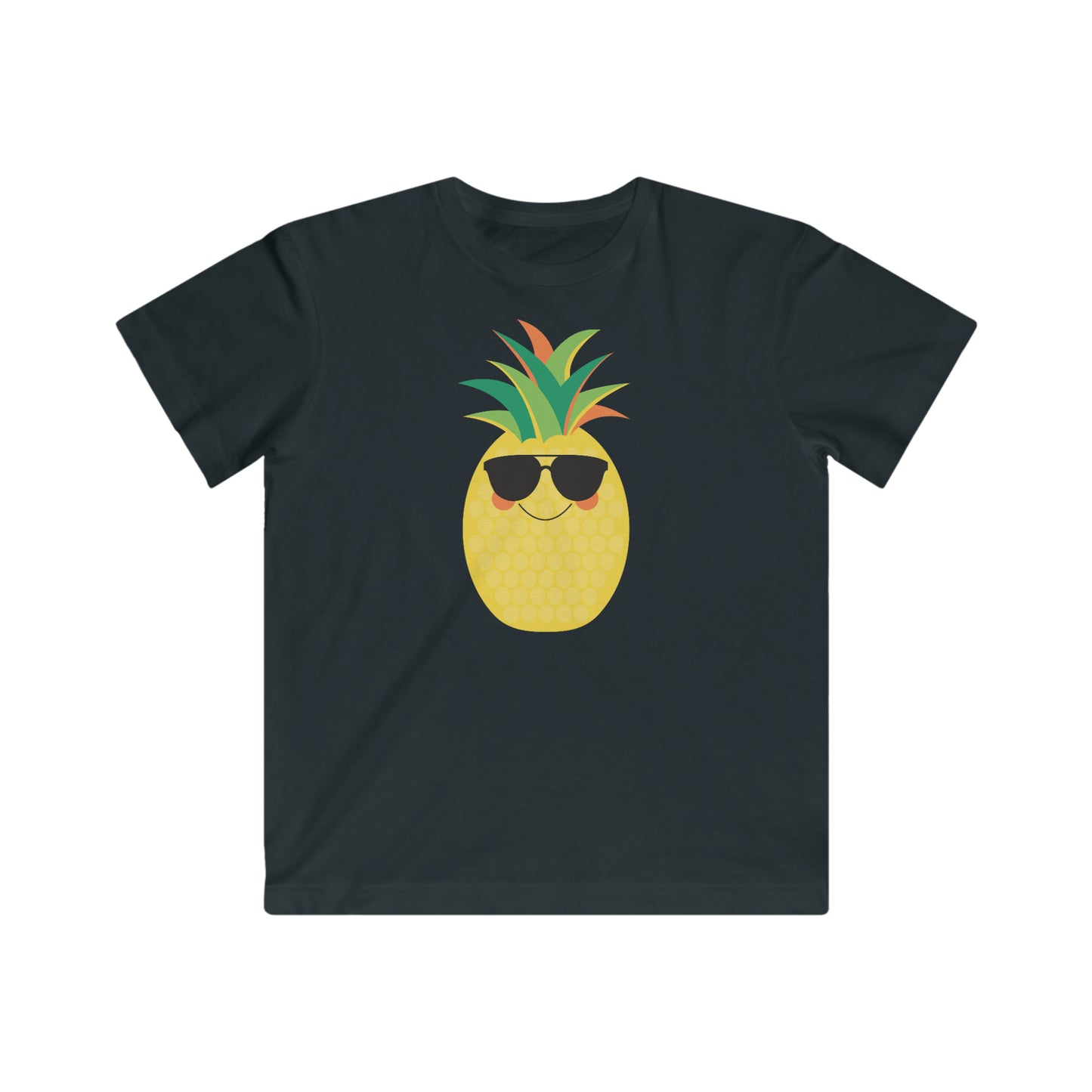 black kids t-shirt featuring a smiling pineapple donning cool sunglasses