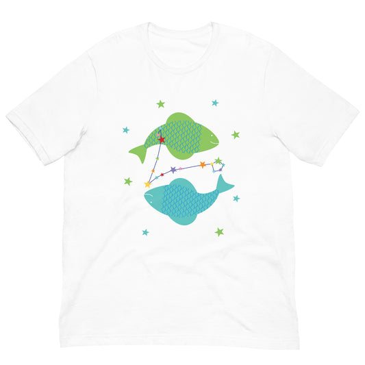 White t-shirt with green and blue pisces fish design on a white background