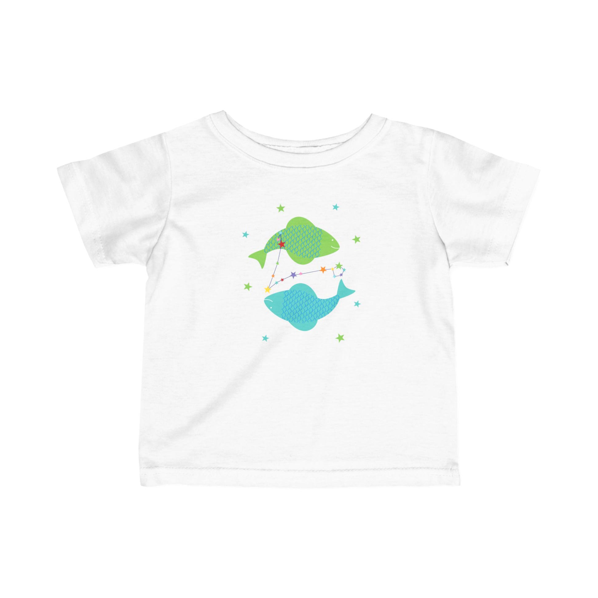 White t-shirt with a colorful pisces fish design on a white background