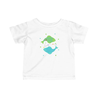White t-shirt with a colorful pisces fish design on a white background