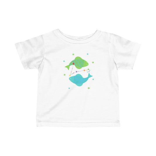 White t-shirt with a colorful pisces fish design on a white background