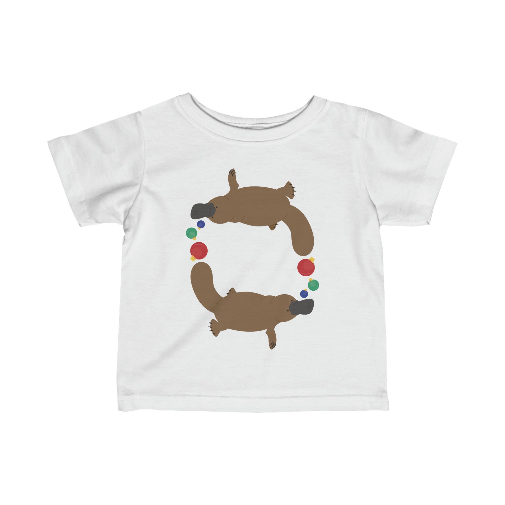 White baby tshrt with design of platypus chasing Christmas baubles