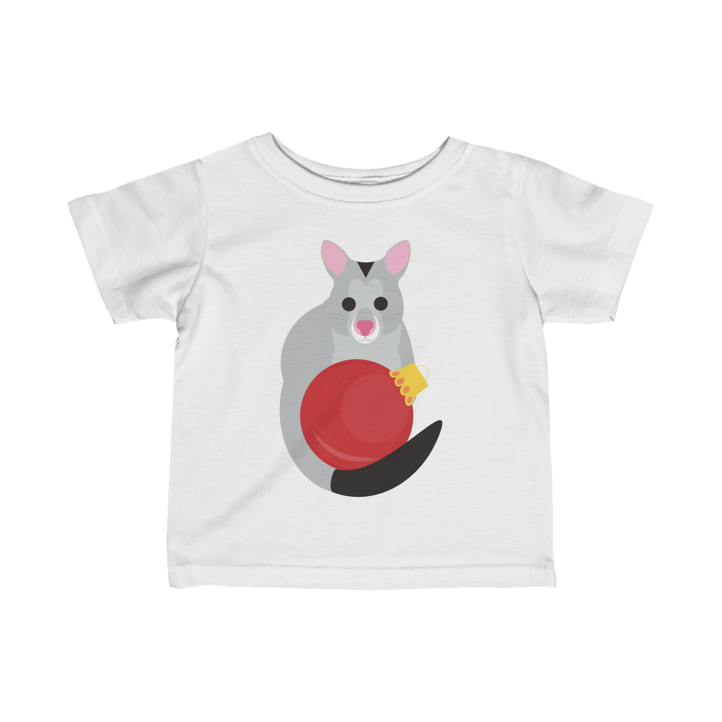 adorable white t-shirt featuring a possum with a Christmas bauble