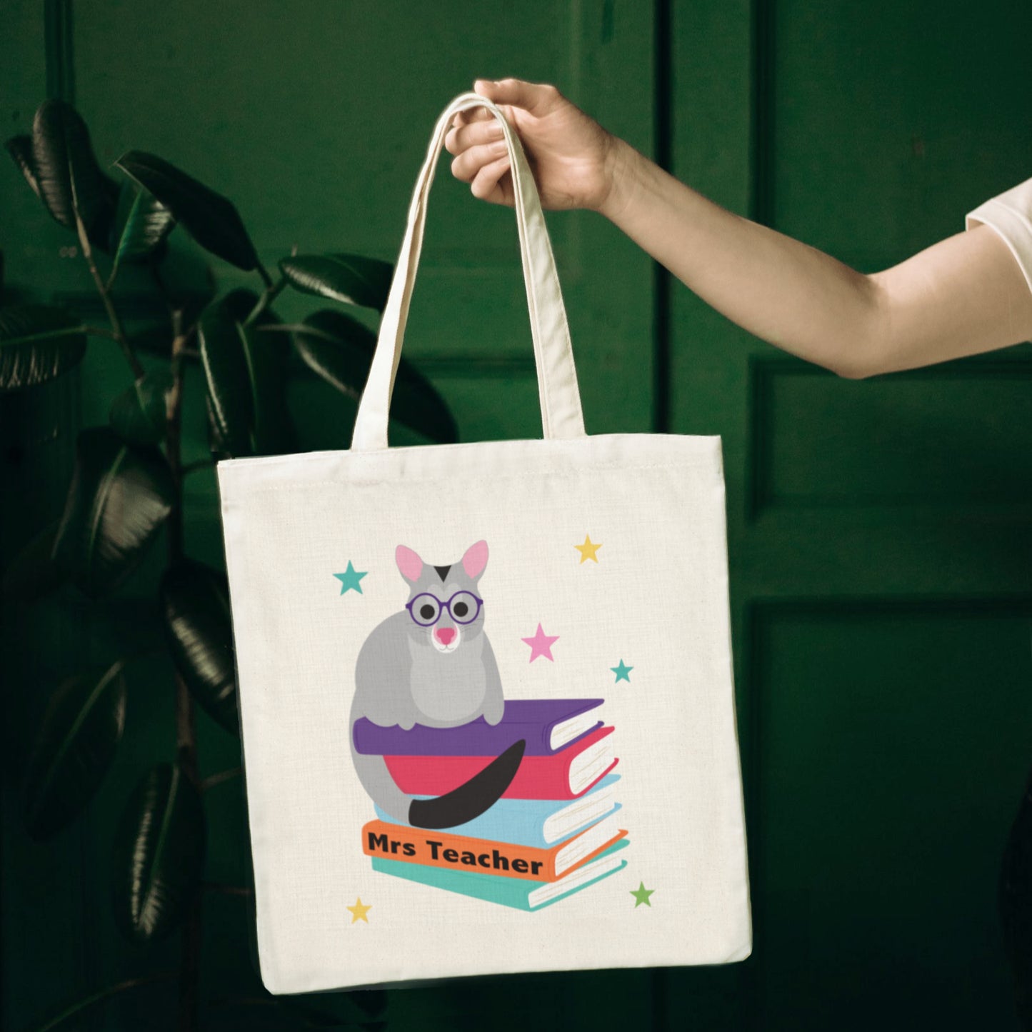 Possum with books personalised teacher tote bag