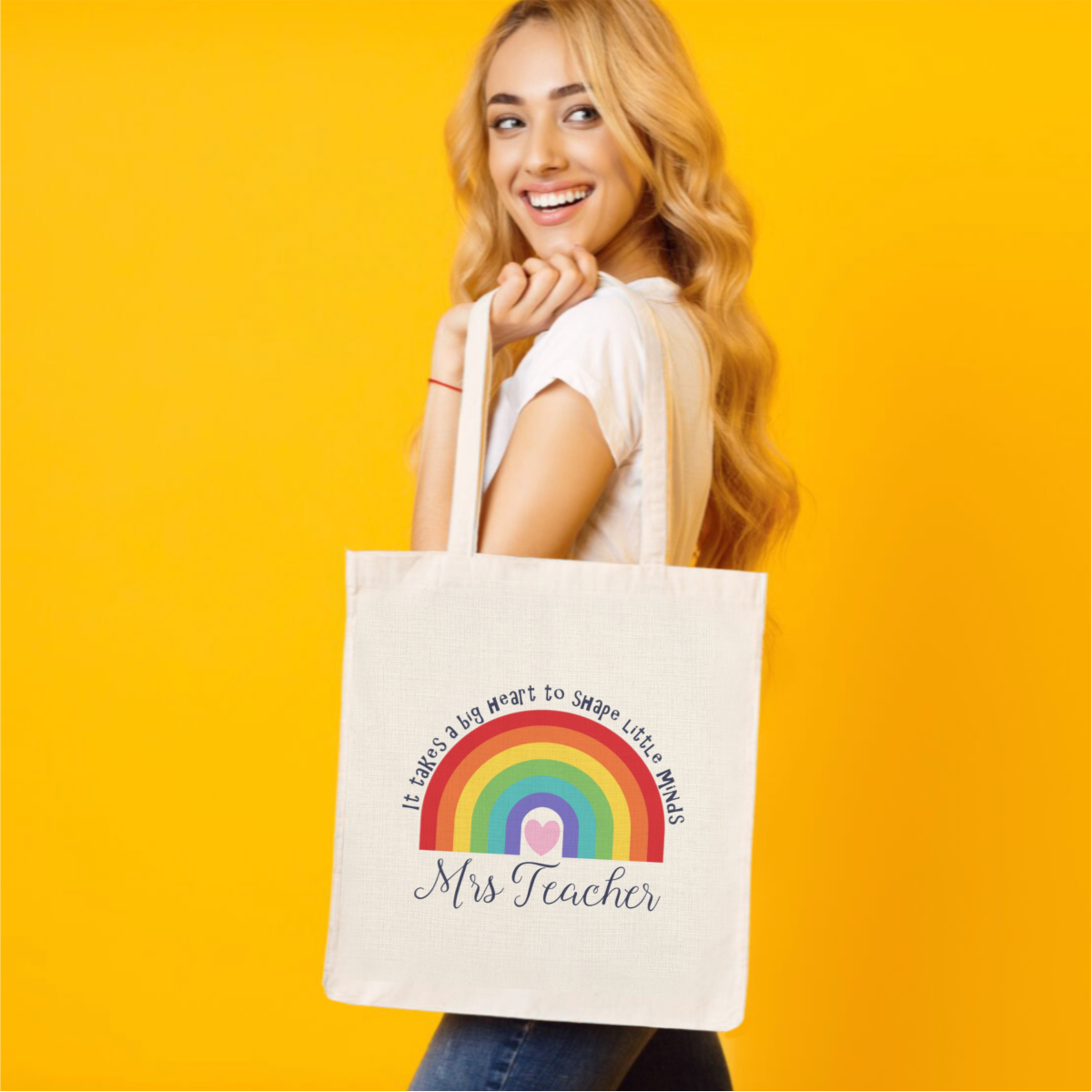 Takes a big heart rainbow personalised teacher tote bag