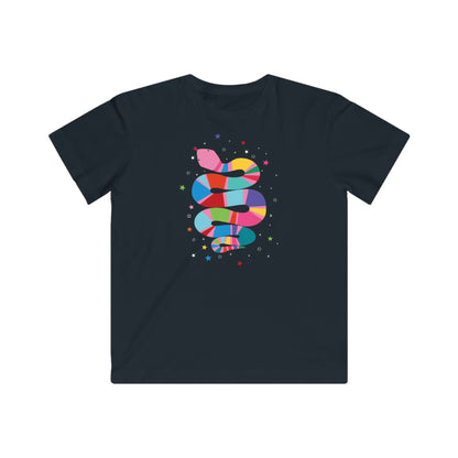 black T-shirt featuring a vibrant rainbow-striped snake surrounded by twinkling stars!