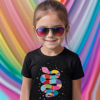 Girl wearing colourful snake and stars tee for children