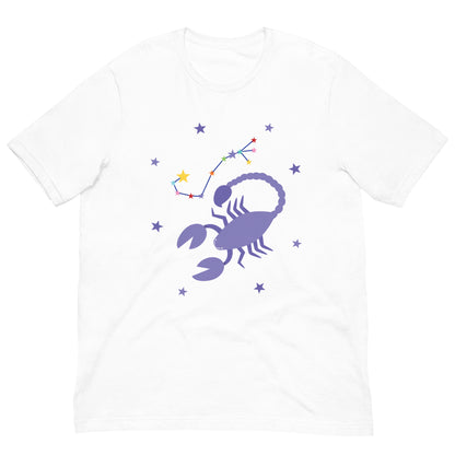 White t-shirt with a purple scorpion and star constellation design on a white background