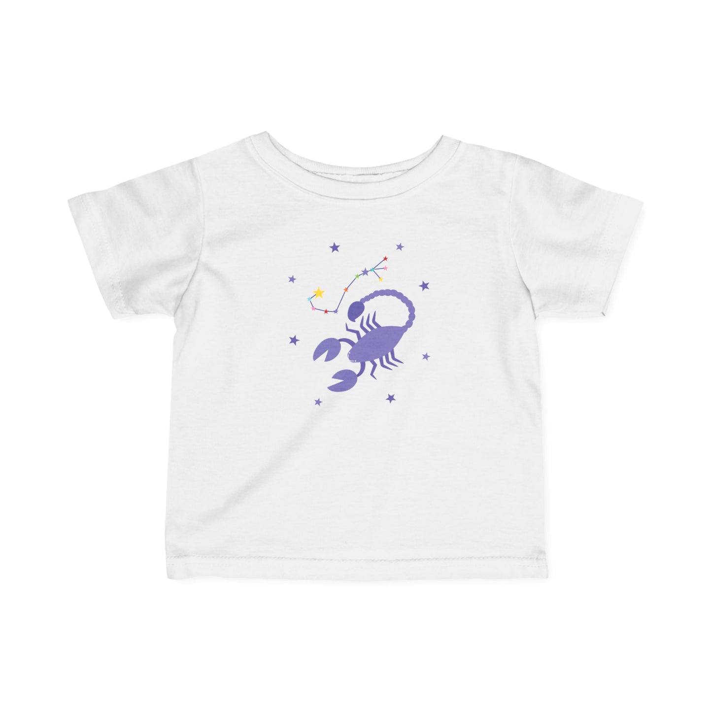White t-shirt with a purple scorpion graphic on a white background